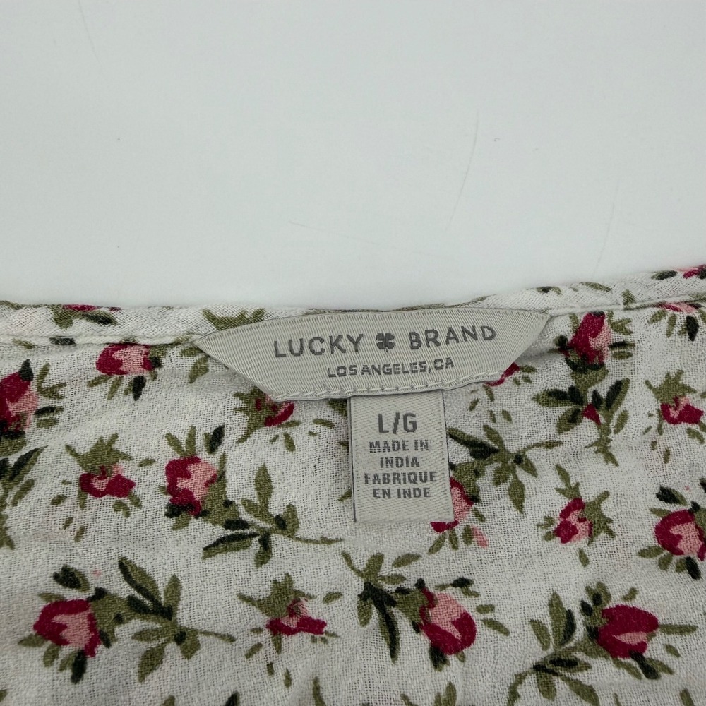 Lucky Brand Womens Large Cream Red Floral Viscose Split Tie Neck Smocked Blouse - Picture 3 of 6